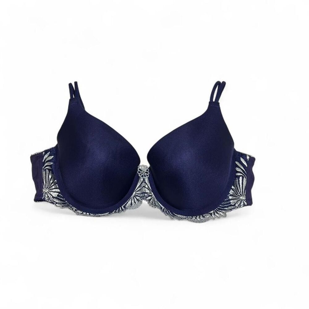 Wacoal navy blue bra with white silver lace detailing lined Size 34DD